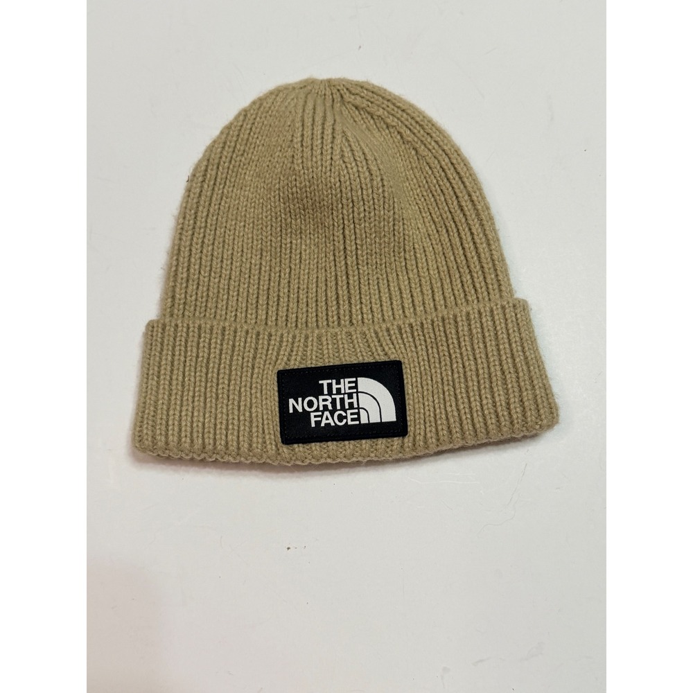 The North Face Kids Salty Dog Beanie Tan Khaki Knit Cuffed Winter Hat Logo Patch